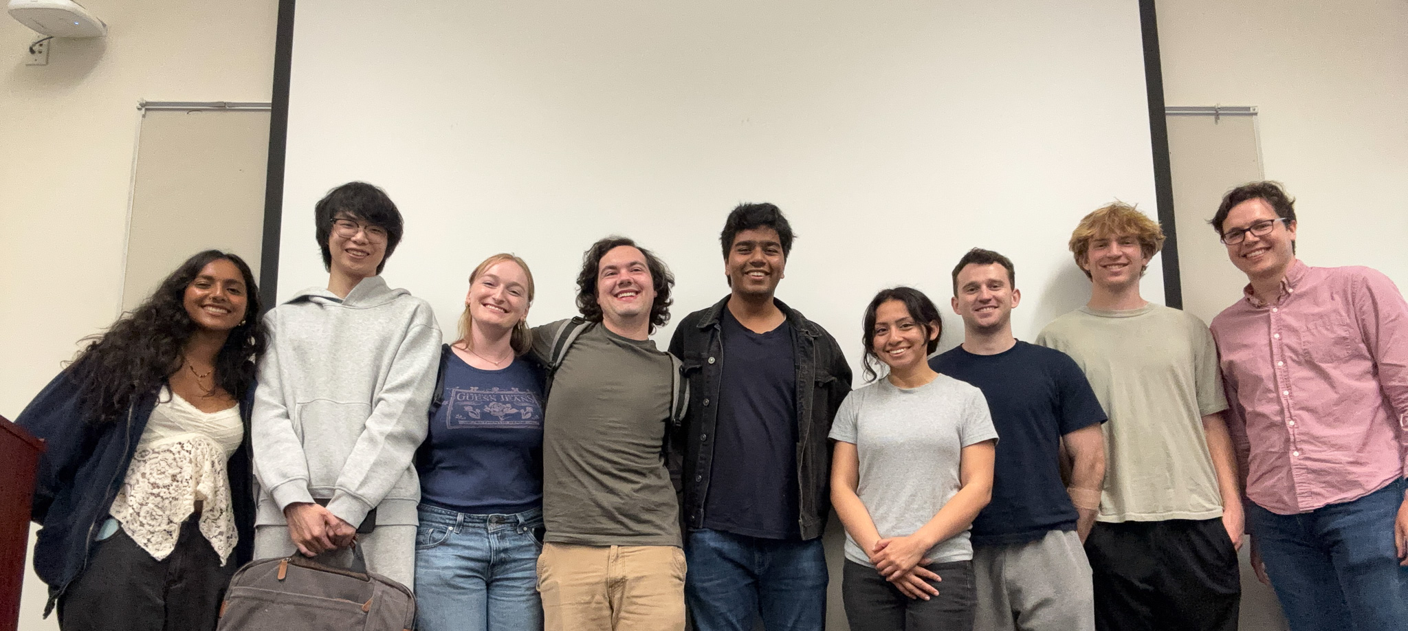 My undergraduate research team posing together in a classroom, Spring 2025.